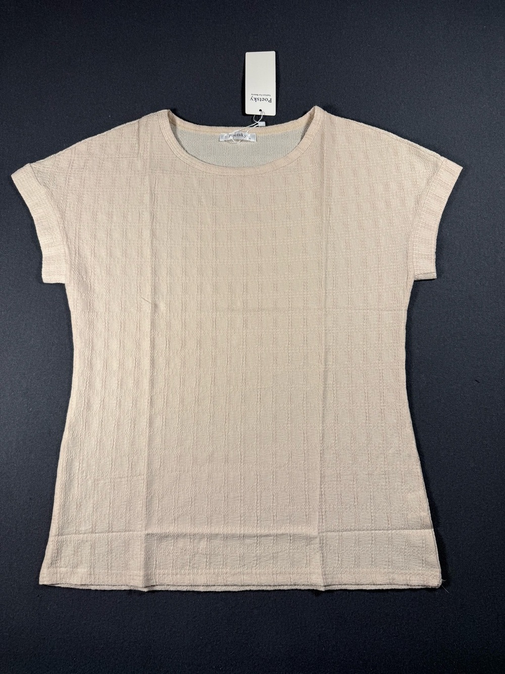 Poetsky Textured Neutral Blouse Women’s Short Sleeve Minimalist Boxy Top Small